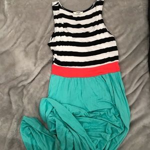 Sleeveless Striped Maxi Dress with Coral Waist and Teal Skirt